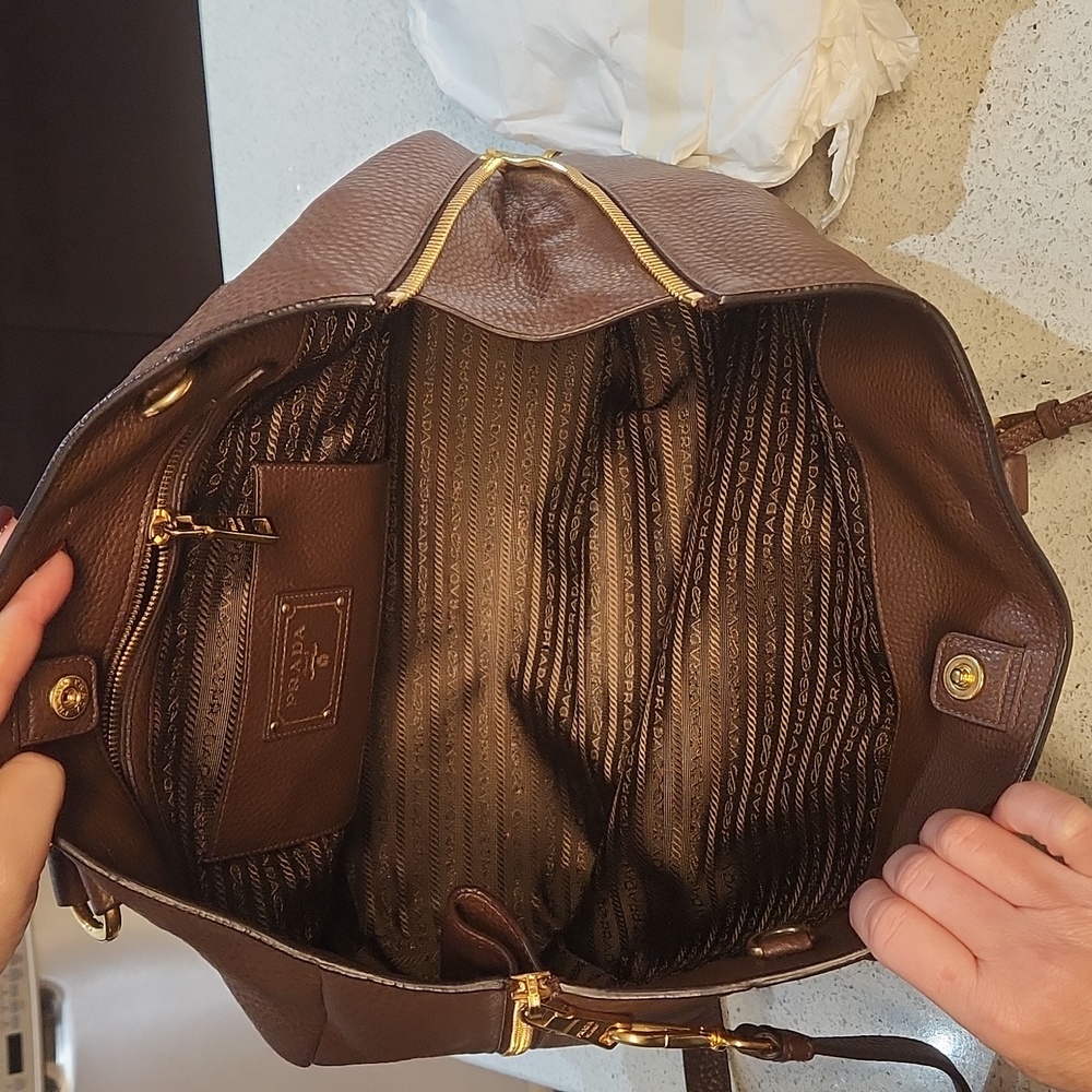 Prada Brown Pebbled Leather Top-Handle Crossbody Bag with Gold Hardware - Picture 9 of 16